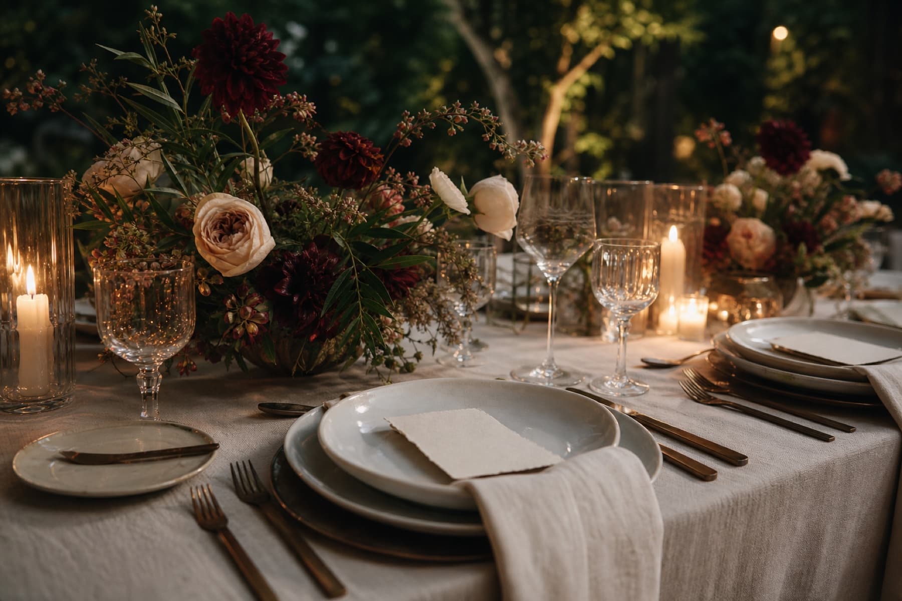 Mesa de casamento ao entardecer com flores e velas